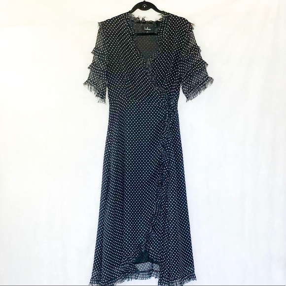 Lulu’s Black Polka Dot Chiffon Wrap Dress - Picture 7 of 8
